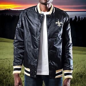 New Orleans Saints Ultra Game NFL Black Satin Bomber Jacket Mens XL New